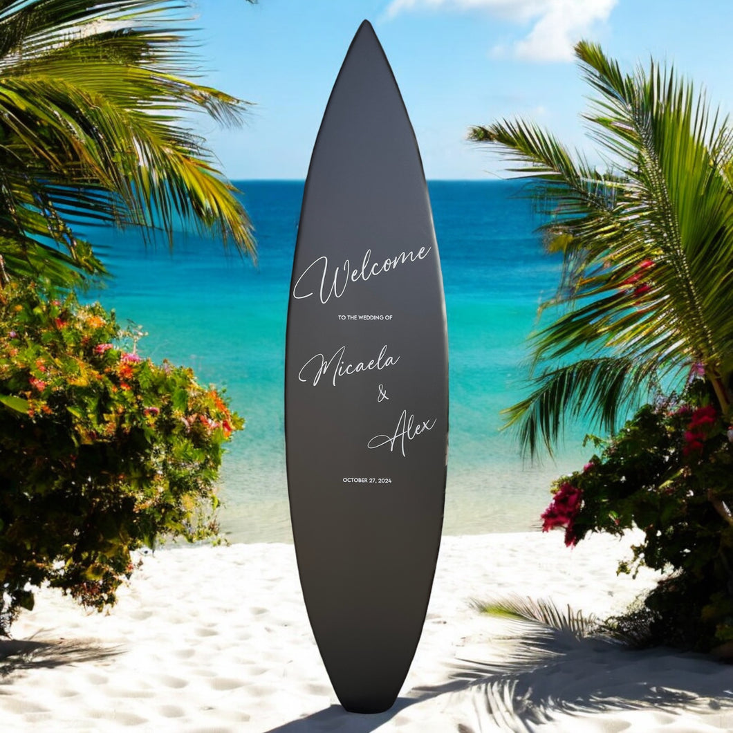 Wedding entrance welcome surfboard sign